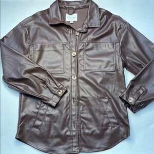 Stoosh‎ brown Chocolate Faux vegan Leather button down shacket essential Jacket